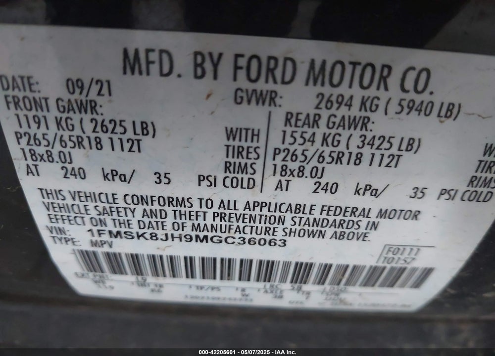 2021 FORD EXPLORER VIN: 1FMSK8JH9MGC36063