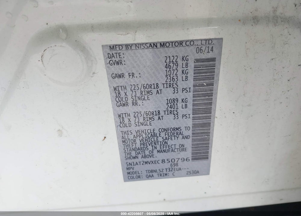 2014 NISSAN ROGUE VIN: 5N1AT2MVXEC850796