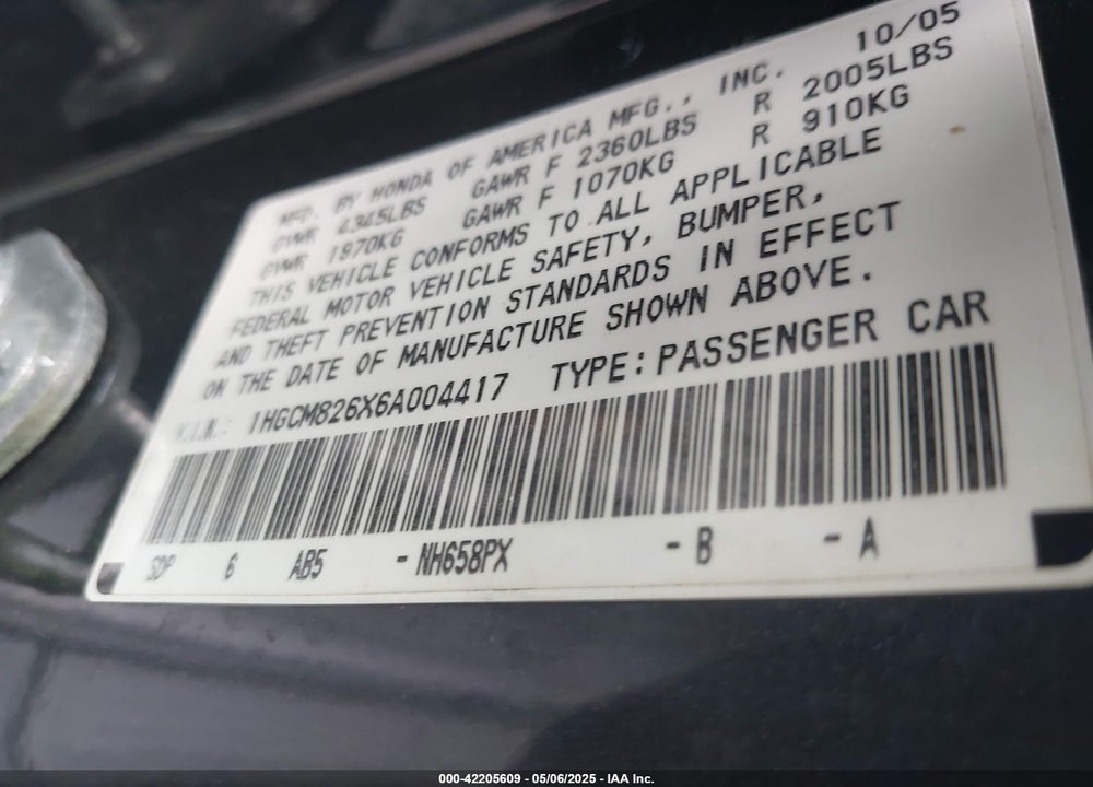 2006 HONDA ACCORD VIN: 1HGCM826X6A004417