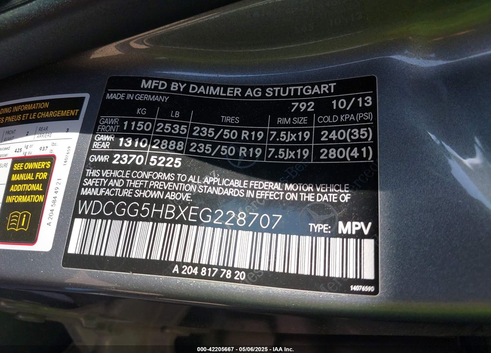 2014 MERCEDES-BENZ GLK 350 VIN: WDCGG5HBXEG228707