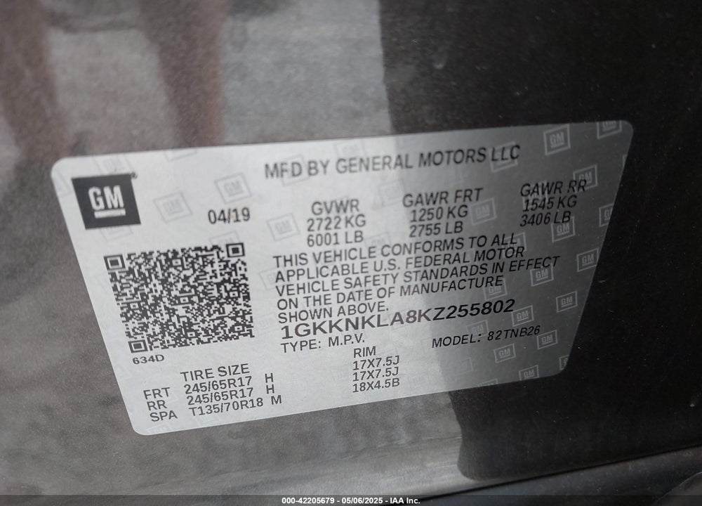 2019 GMC ACADIA SLE-1 VIN: 1GKKNKLA8KZ255802