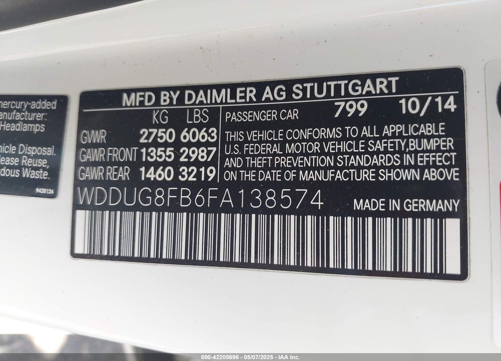 2015 MERCEDES-BENZ S 550 VIN: WDDUG8FB6FA138574