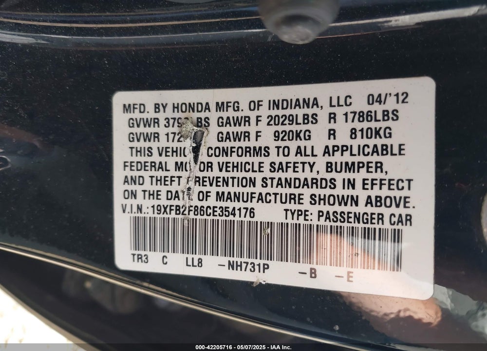 2012 HONDA CIVIC VIN: 19XFB2F86CE354176
