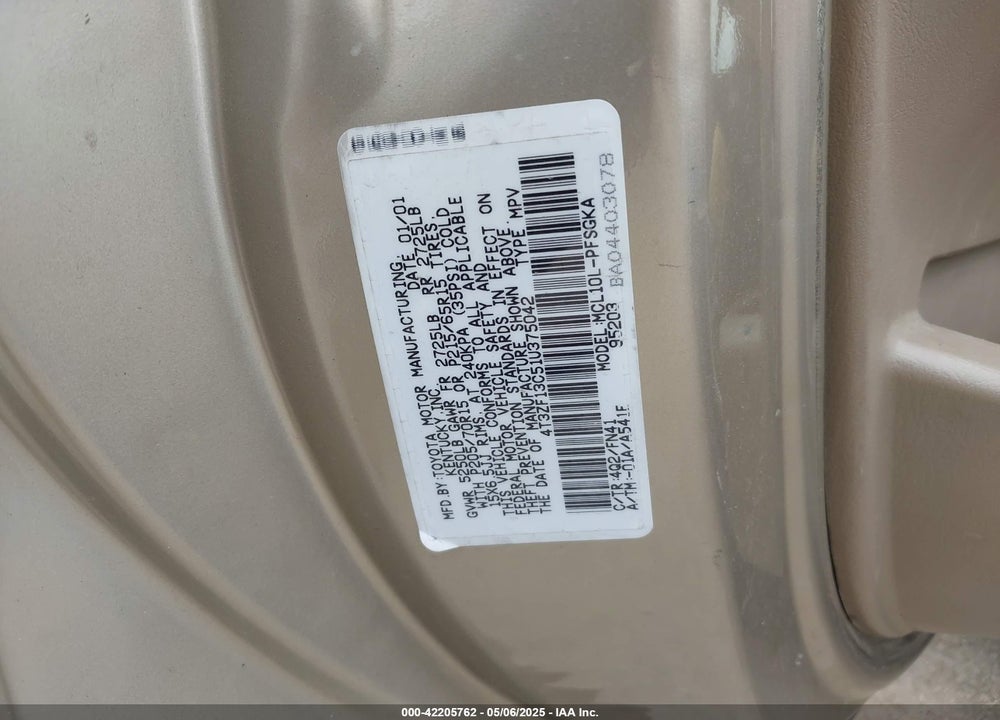 2001 TOYOTA SIENNA VIN: 4T3ZF13C51U375042