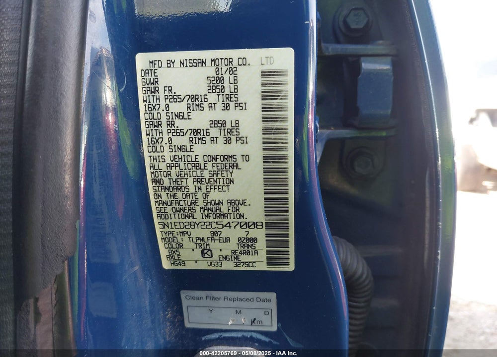 2002 NISSAN XTERRA SE VIN: 5N1ED28Y22C547008