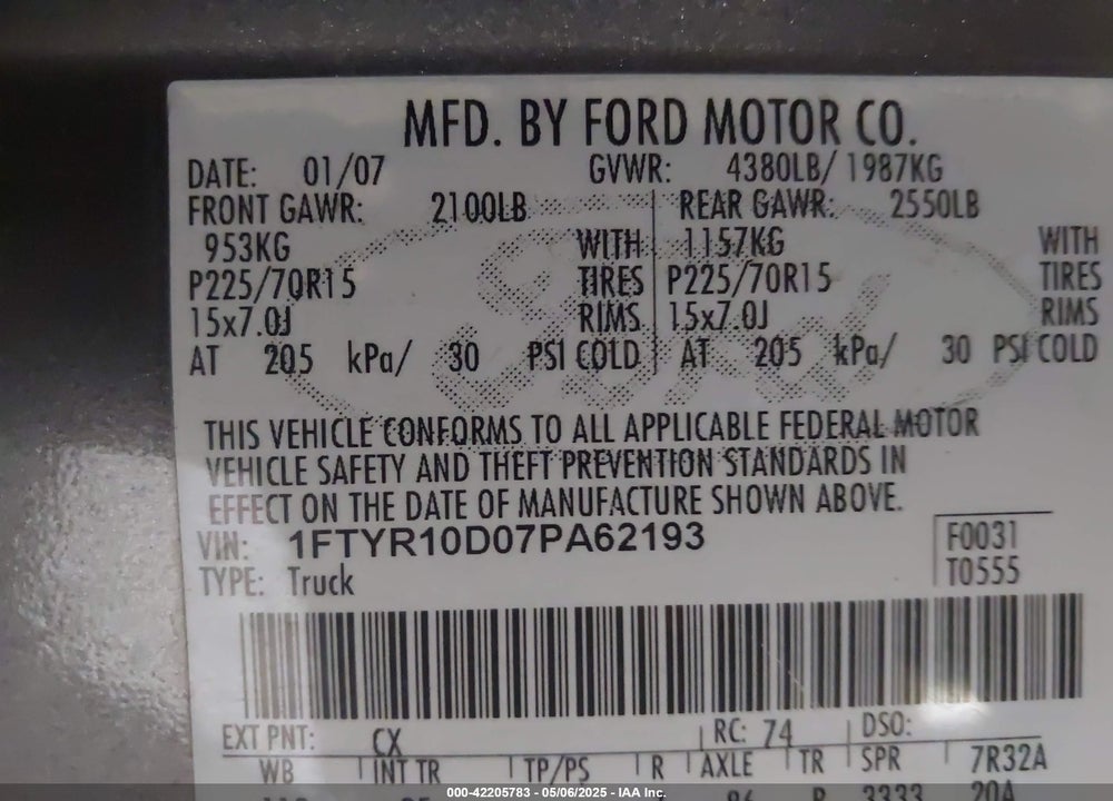2007 FORD RANGER VIN: 1FTYR10D07PA62193