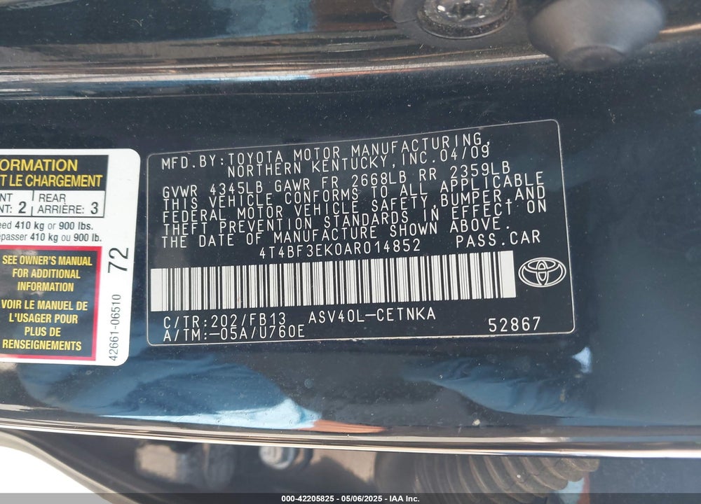 2010 TOYOTA CAMRY VIN: 4T4BF3EK0AR014852
