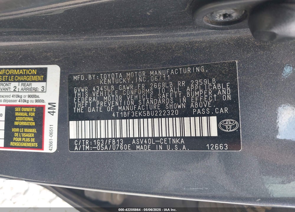2011 TOYOTA CAMRY VIN: 4T1BF3EK5BU222320