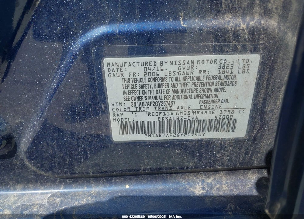 2016 NISSAN SENTRA VIN: 3N1AB7AP2GY267467
