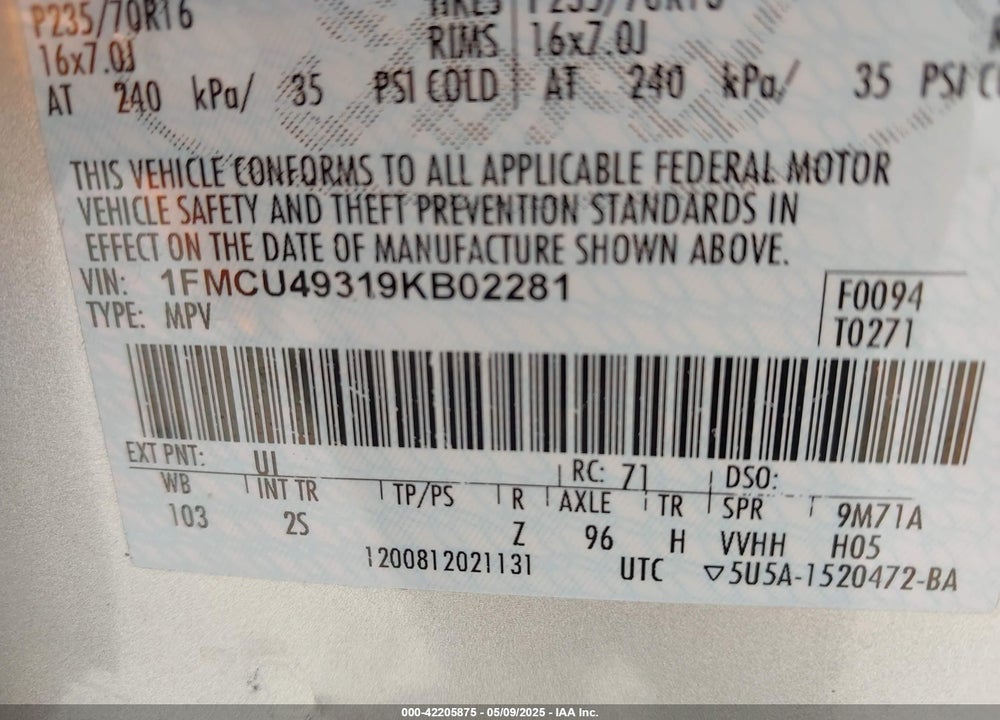 2009 FORD ESCAPE HYBRID LIMITED VIN: 1FMCU49319KB02281