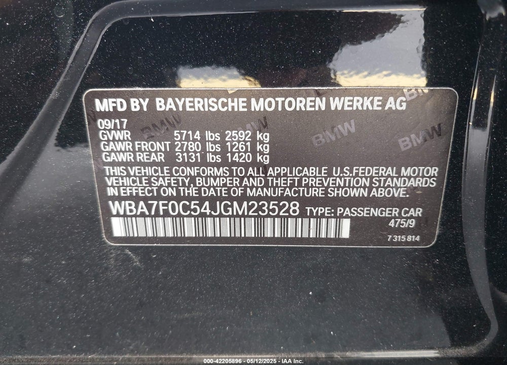 2018 BMW 750I VIN: WBA7F0C54JGM23528