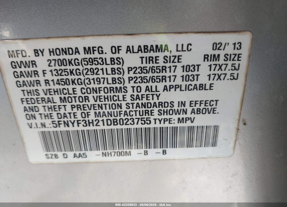 2013 HONDA PILOT LX VIN: 5FNYF3H21DB023755