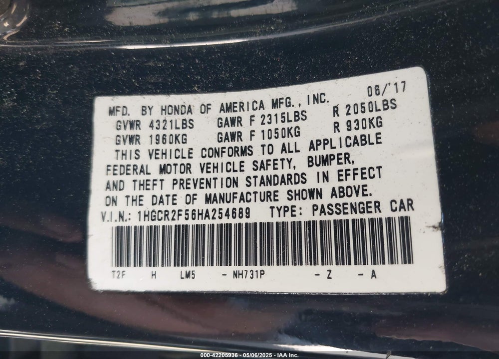 2017 HONDA ACCORD SPORT VIN: 1HGCR2F56HA254689