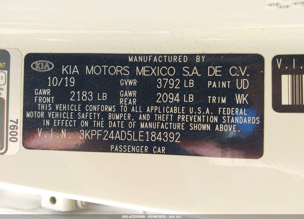 2020 KIA FORTE FE VIN: 3KPF24AD5LE184392