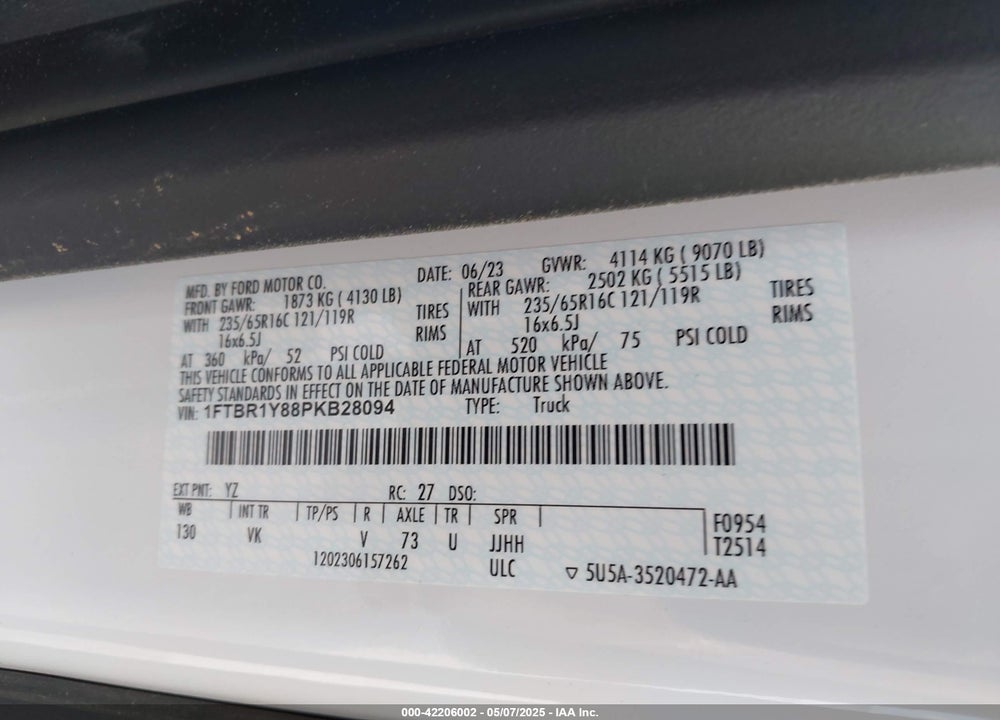 2023 FORD TRANSIT-250 VIN: 1FTBR1Y88PKB28094