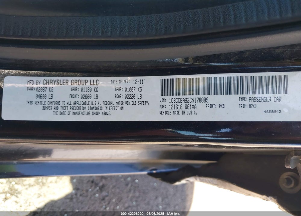 2012 CHRYSLER 200 LX VIN: 1C3CCBAB2CN178889