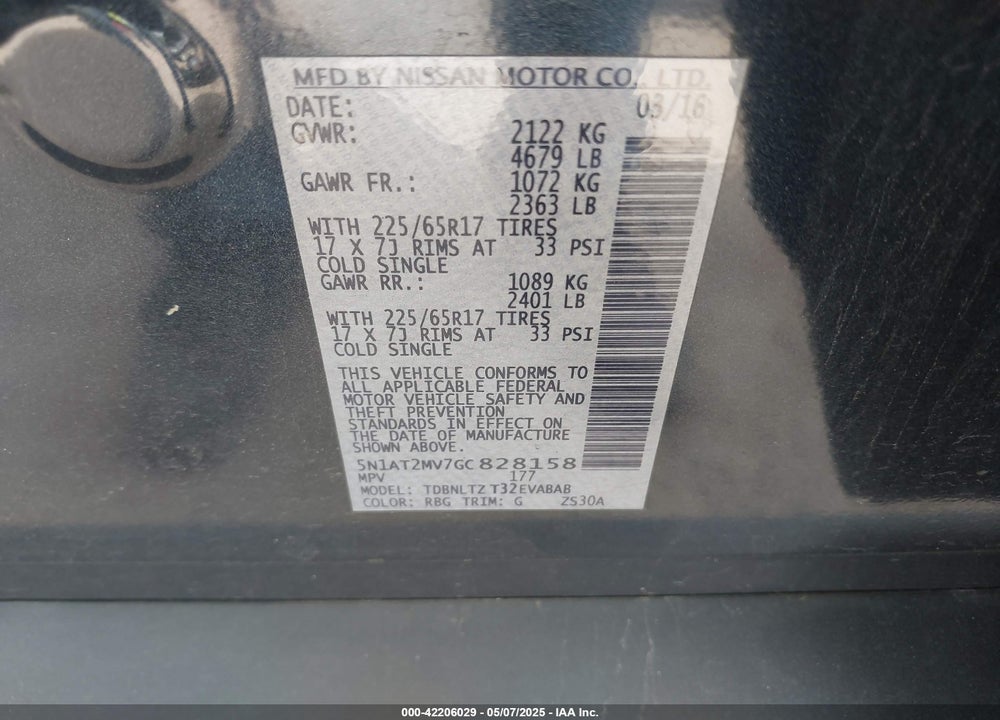 2016 NISSAN ROGUE SV VIN: 5N1AT2MV7GC828158
