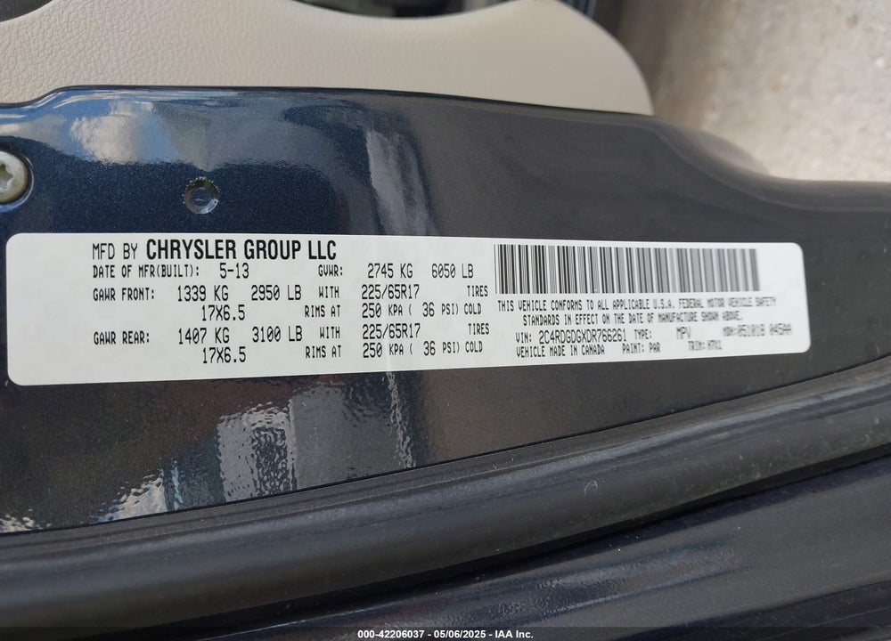 2013 DODGE GRAND CARAVAN CREW VIN: 2C4RDGDGXDR766261