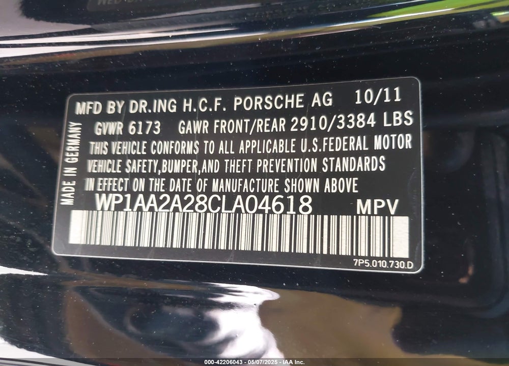 2012 PORSCHE CAYENNE VIN: WP1AA2A28CLA04618
