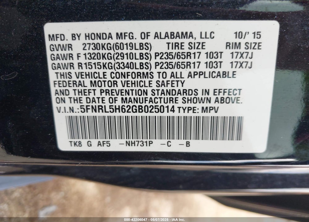 2016 HONDA ODYSSEY VIN: 5FNRL5H62GB025014