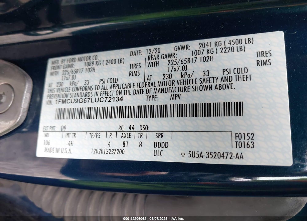 2020 FORD ESCAPE VIN: 1FMCU9G67LUC72134