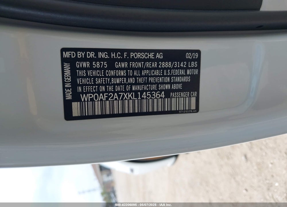 2019 PORSCHE PANAMERA VIN: WP0AF2A7XKL145364