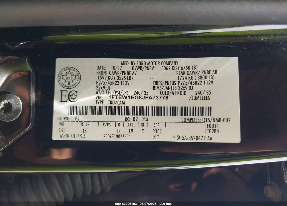2018 FORD F-150 VIN: 1FTEW1EG8JFA73776