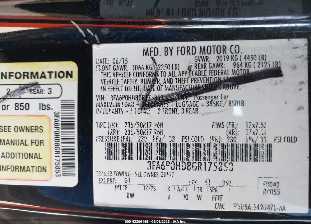 2016 FORD FUSION VIN: 3FA6P0HD8GR175853