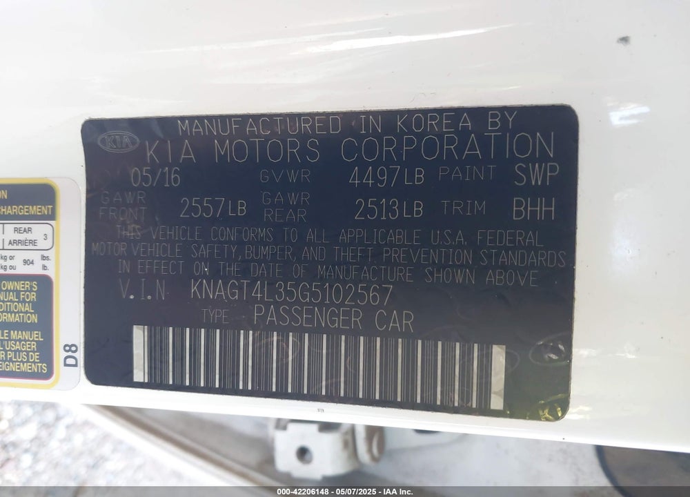 2016 KIA OPTIMA VIN: KNAGT4L35G5102567