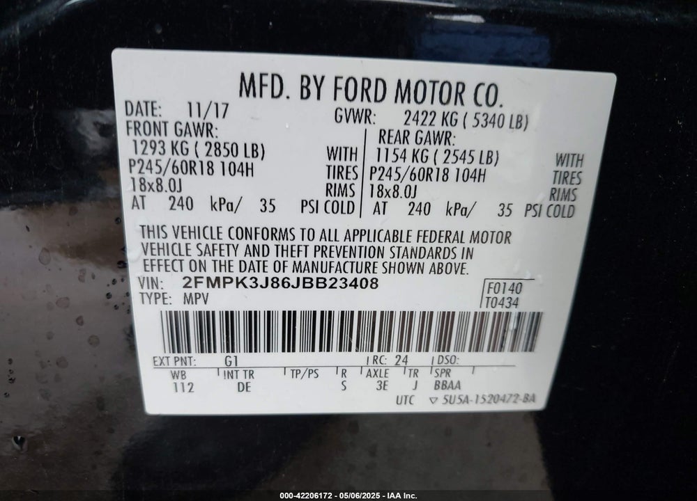 2018 FORD EDGE SEL VIN: 2FMPK3J86JBB23408