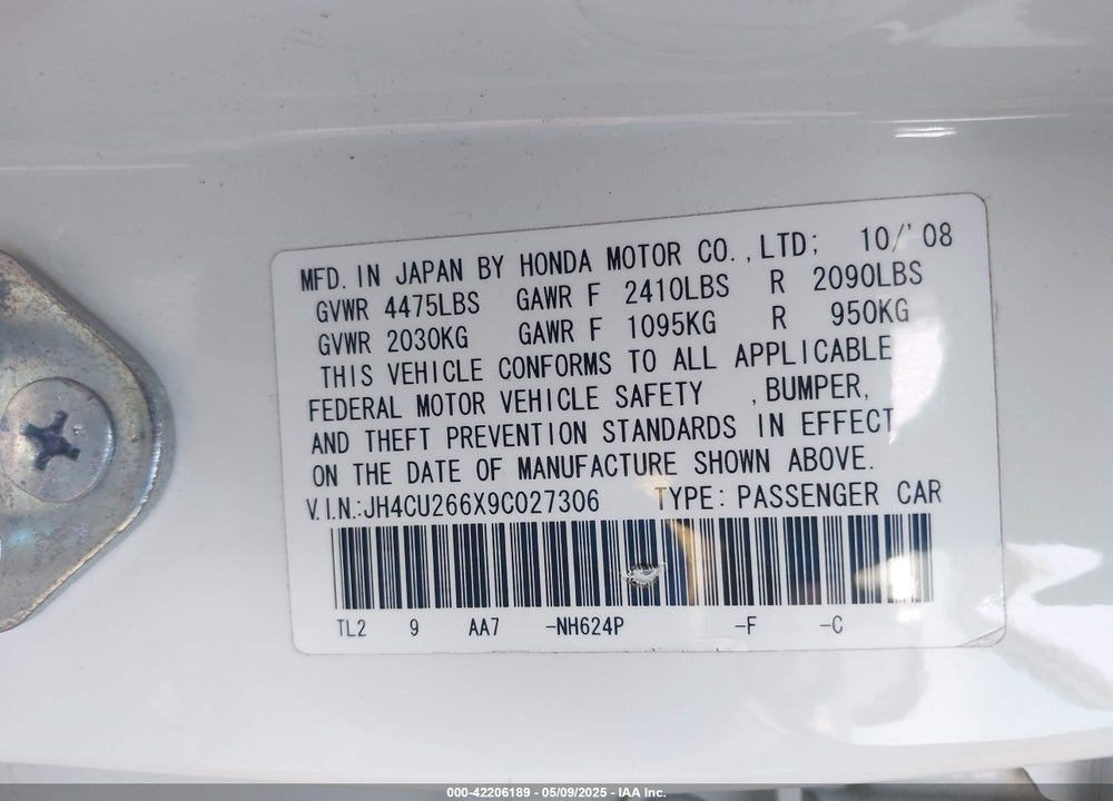 2009 ACURA TSX VIN: JH4CU266X9C027306