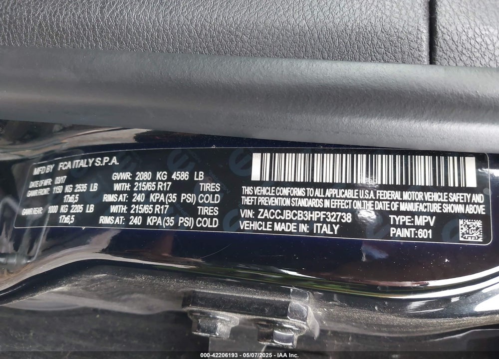 2017 JEEP RENEGADE VIN: ZACCJBCB3HPF32738