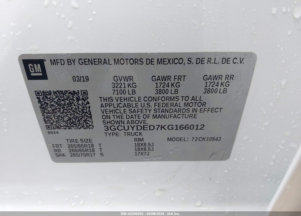 2019 CHEVROLET SILVERADO 1500 VIN: 3GCUYDED7KG166012