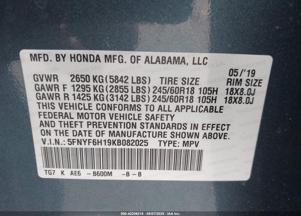 2019 HONDA PILOT VIN: 5FNYF6H19KB082025