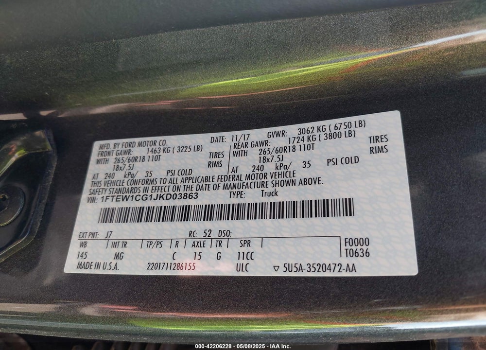 2018 FORD F-150 VIN: 1FTEW1CG1JKD03863