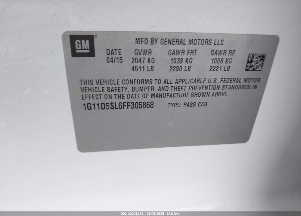 2015 CHEVROLET MALIBU 2LT VIN: 1G11D5SL6FF305868