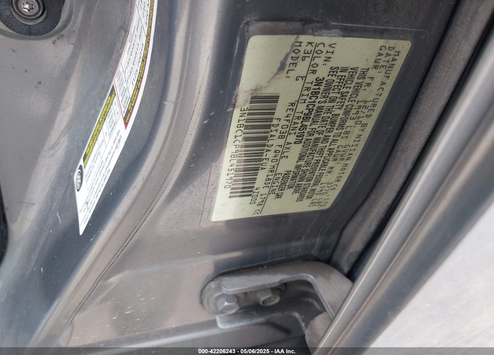 2011 NISSAN VERSA VIN: 3N1BC1CP9BL451970