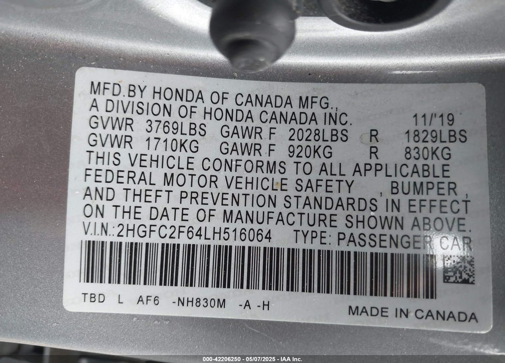 2020 HONDA CIVIC LX VIN: 2HGFC2F64LH516064