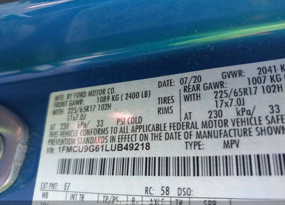 2020 FORD ESCAPE SE VIN: 1FMCU9G61LUB49218