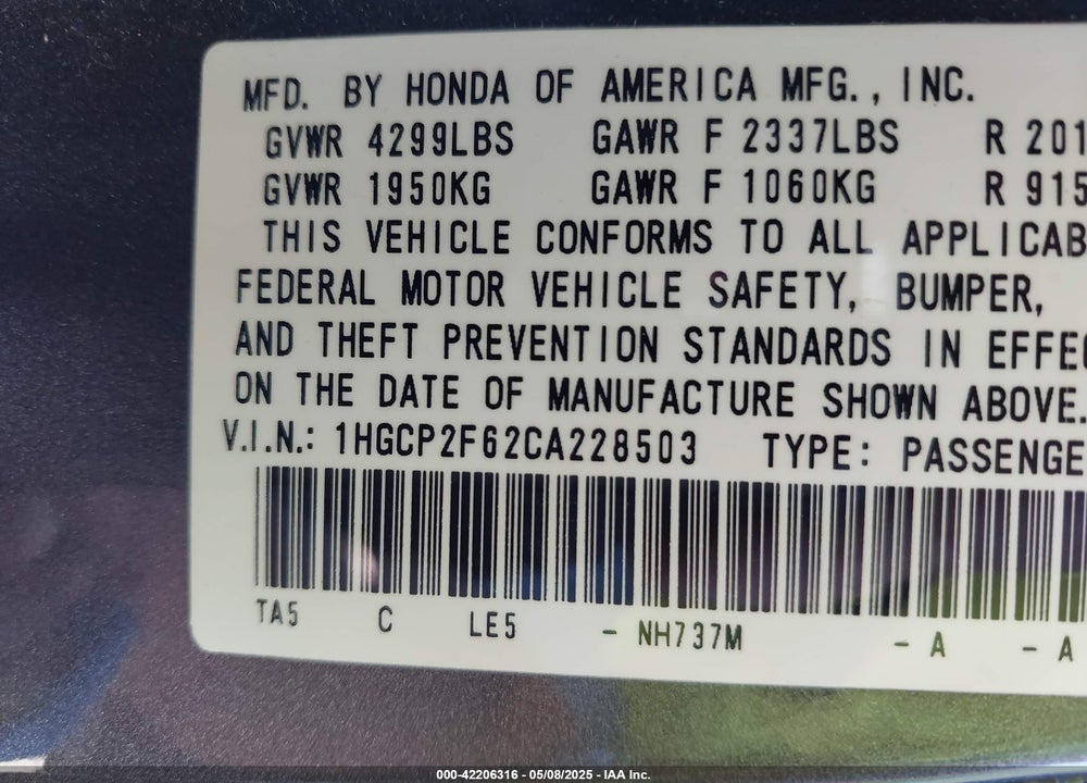 2012 HONDA ACCORD VIN: 1HGCP2F62CA228503
