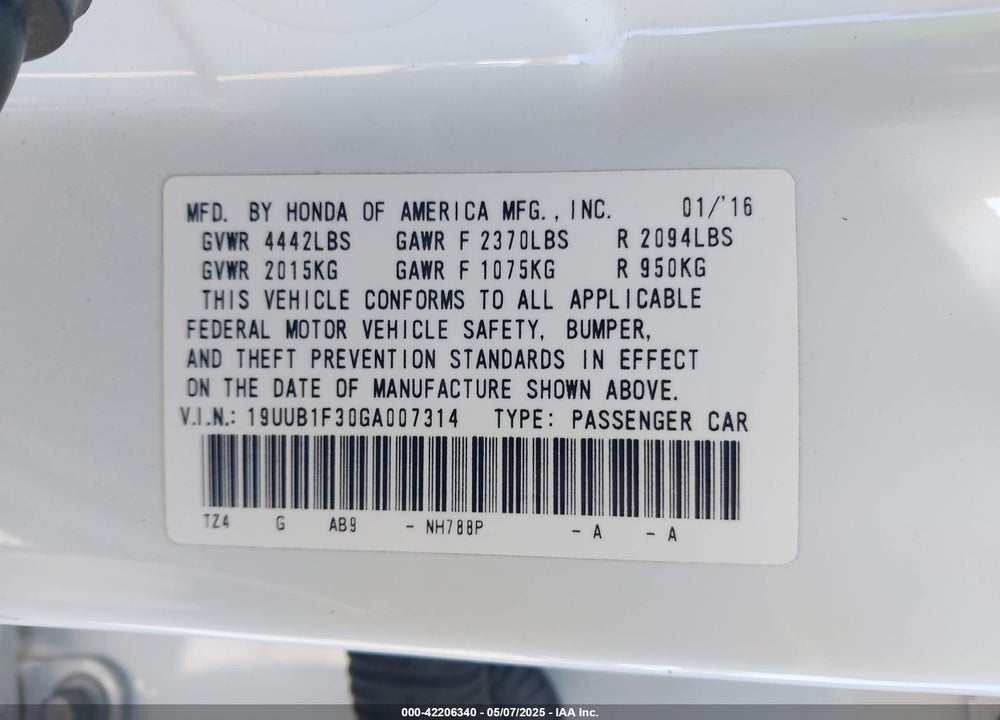 2016 ACURA TLX VIN: 19UUB1F30GA007314