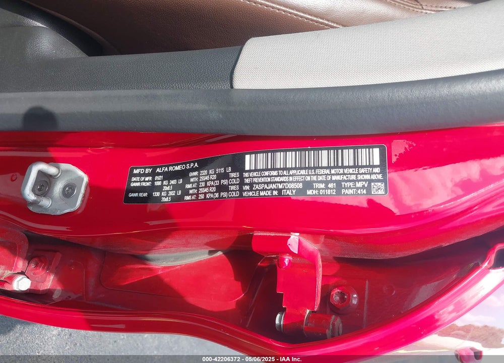 2021 ALFA ROMEO STELVIO VIN: ZASPAJAN7M7D08508