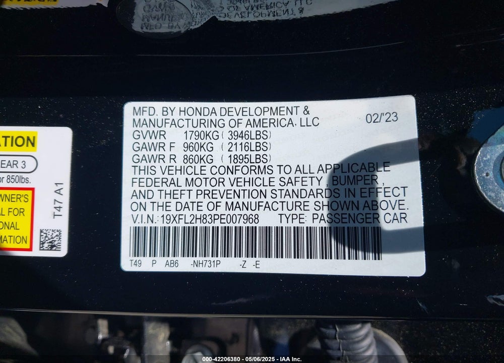 2023 HONDA CIVIC VIN: 19XFL2H83PE007968