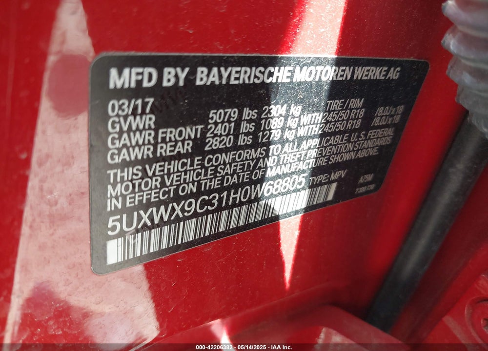 2017 BMW X3 XDRIVE28I VIN: 5UXWX9C31H0W68805
