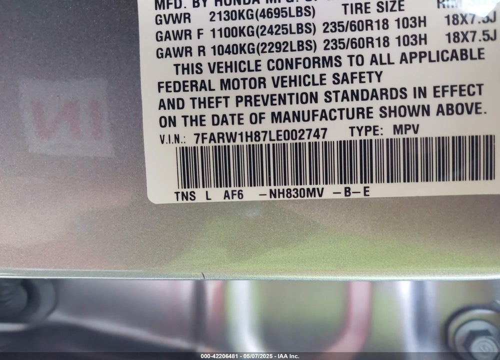 2020 HONDA CR-V 2WD EX-L VIN: 7FARW1H87LE002747