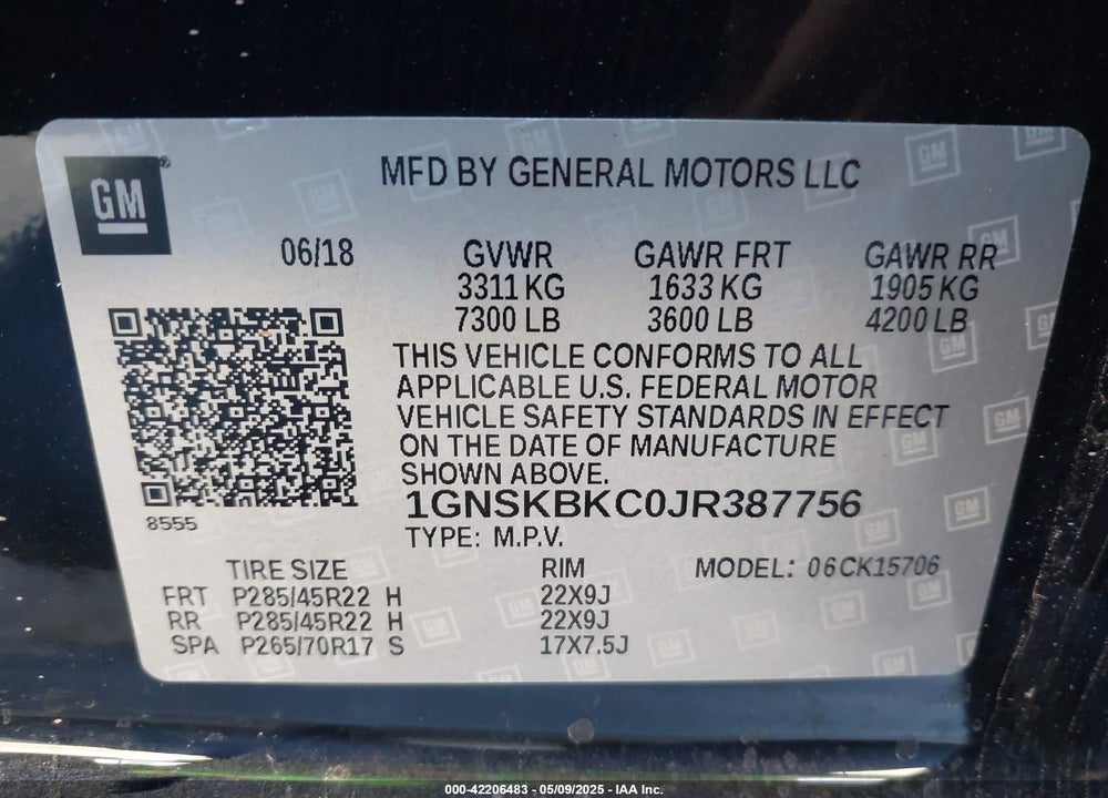 2018 CHEVROLET TAHOE VIN: 1GNSKBKC0JR387756