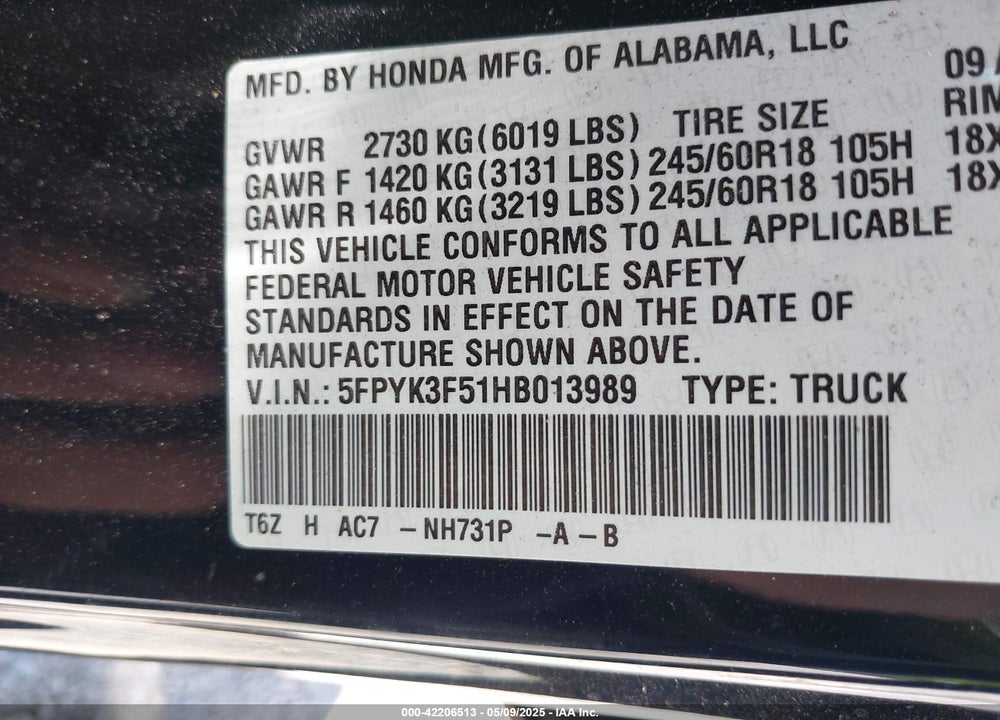 2017 HONDA RIDGELINE RTL VIN: 5FPYK3F51HB013989