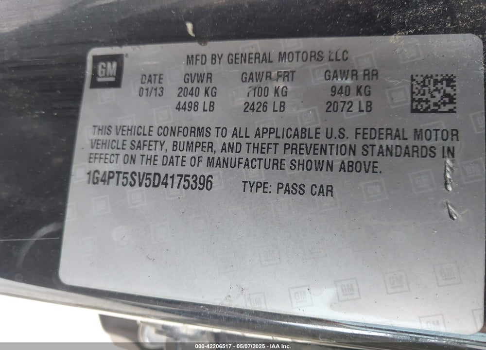 2013 BUICK VERANO PREMIUM GROUP VIN: 1G4PT5SV5D4175396