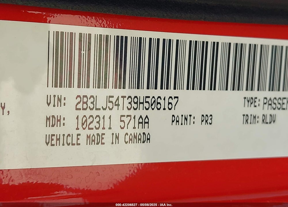 2009 DODGE CHALLENGER VIN: 2B3LJ54T39H506167