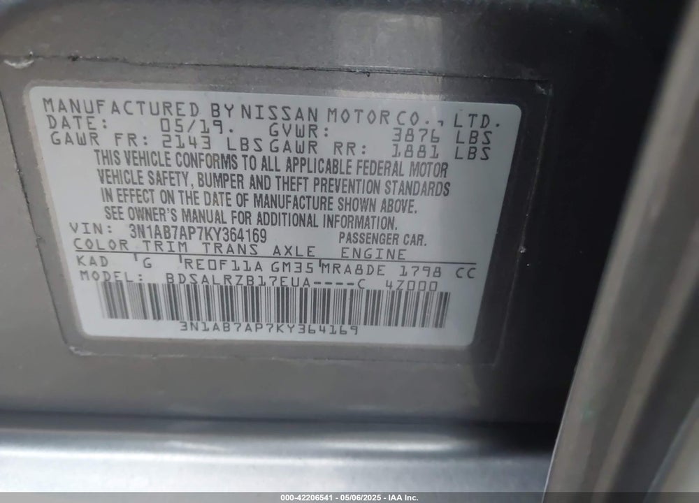 2019 NISSAN SENTRA VIN: 3N1AB7AP7KY364169
